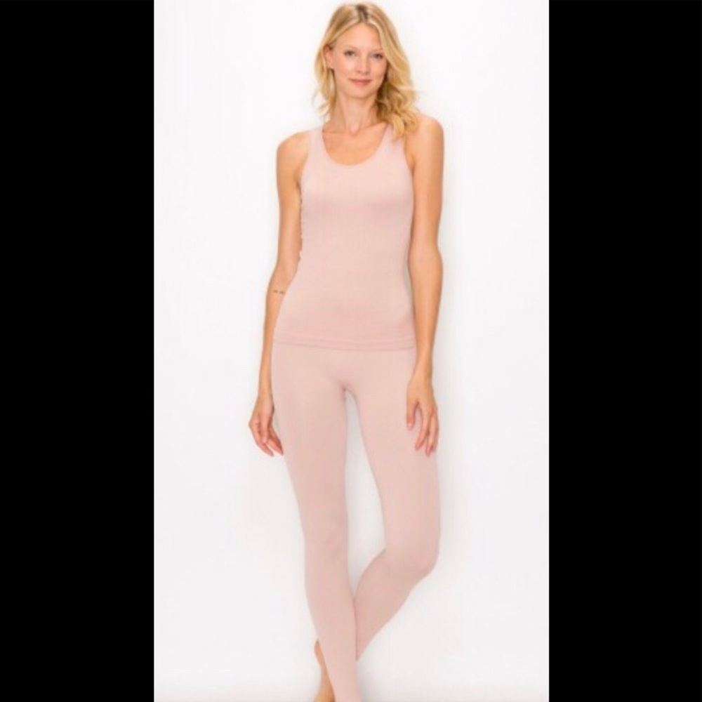 Seamless Ribbed Racerback Tank Leggings Set Rose